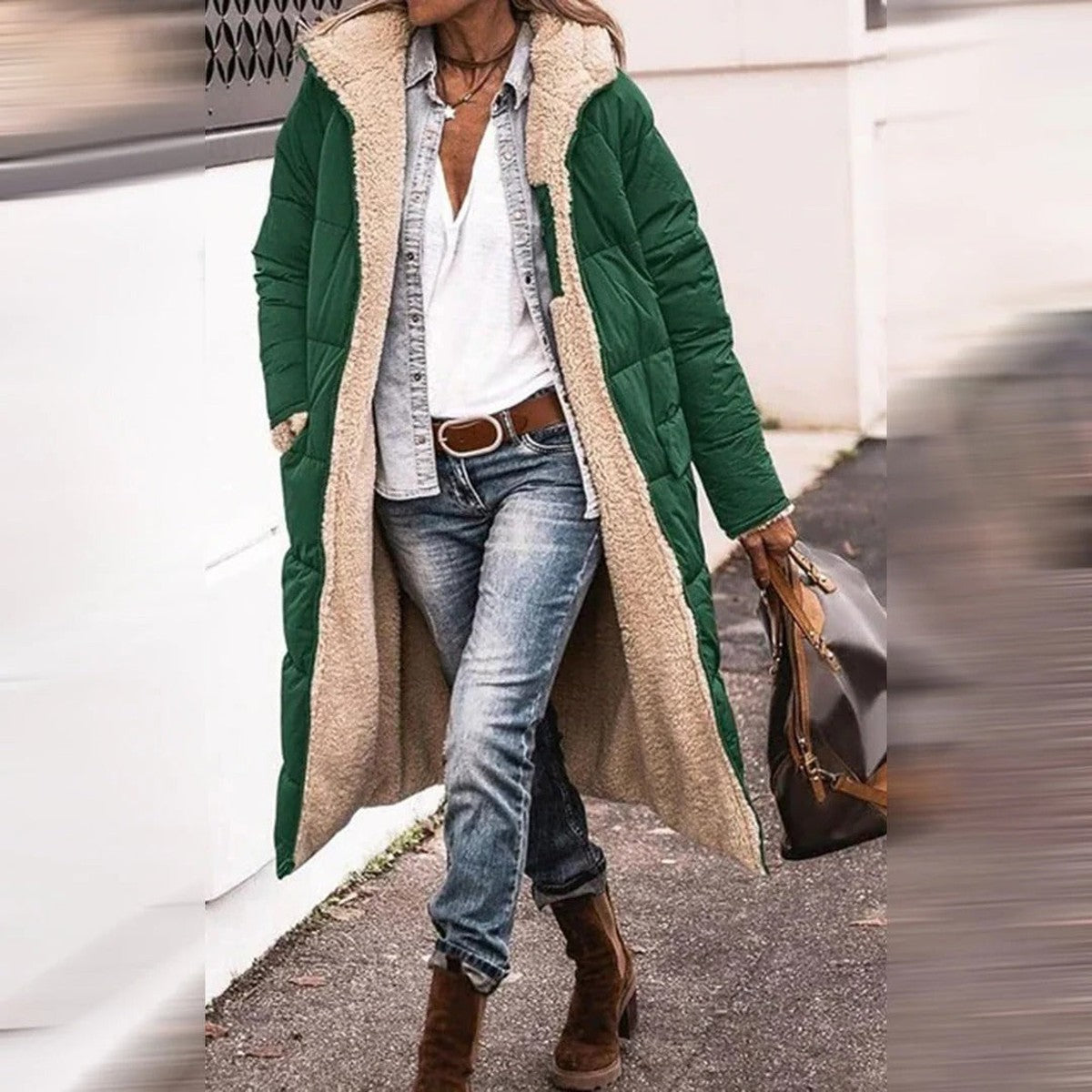 Hooded Quilted Long Parka Coat with Front Pockets and Snap Closure