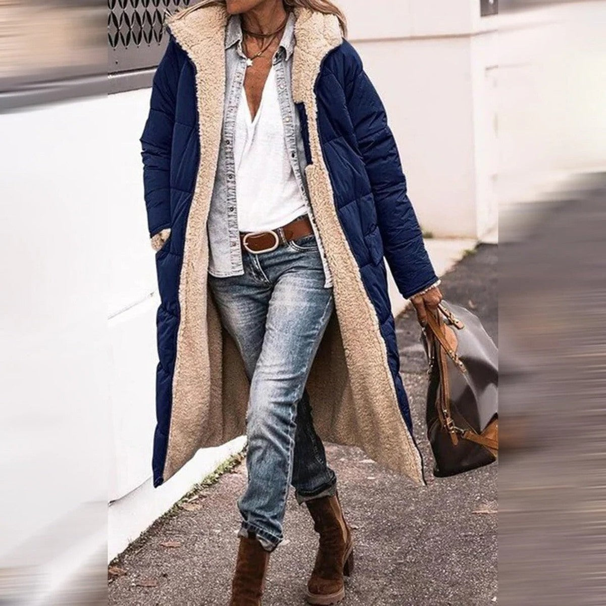 Hooded Quilted Long Parka Coat with Front Pockets and Snap Closure