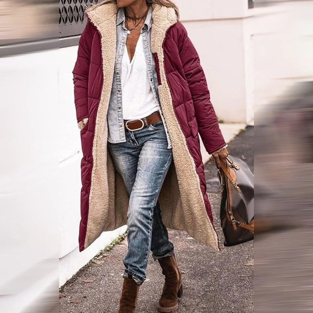 Hooded Quilted Long Parka Coat with Front Pockets and Snap Closure