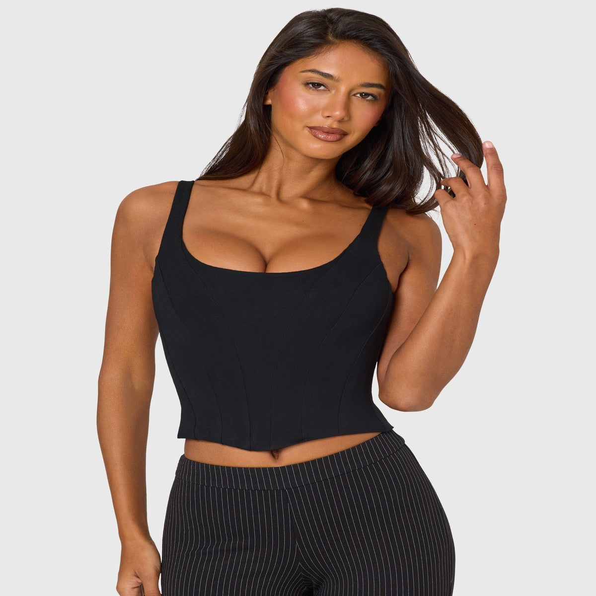 Square Neck Sleeveless Corset Top with Boning and Curved Hem in Black