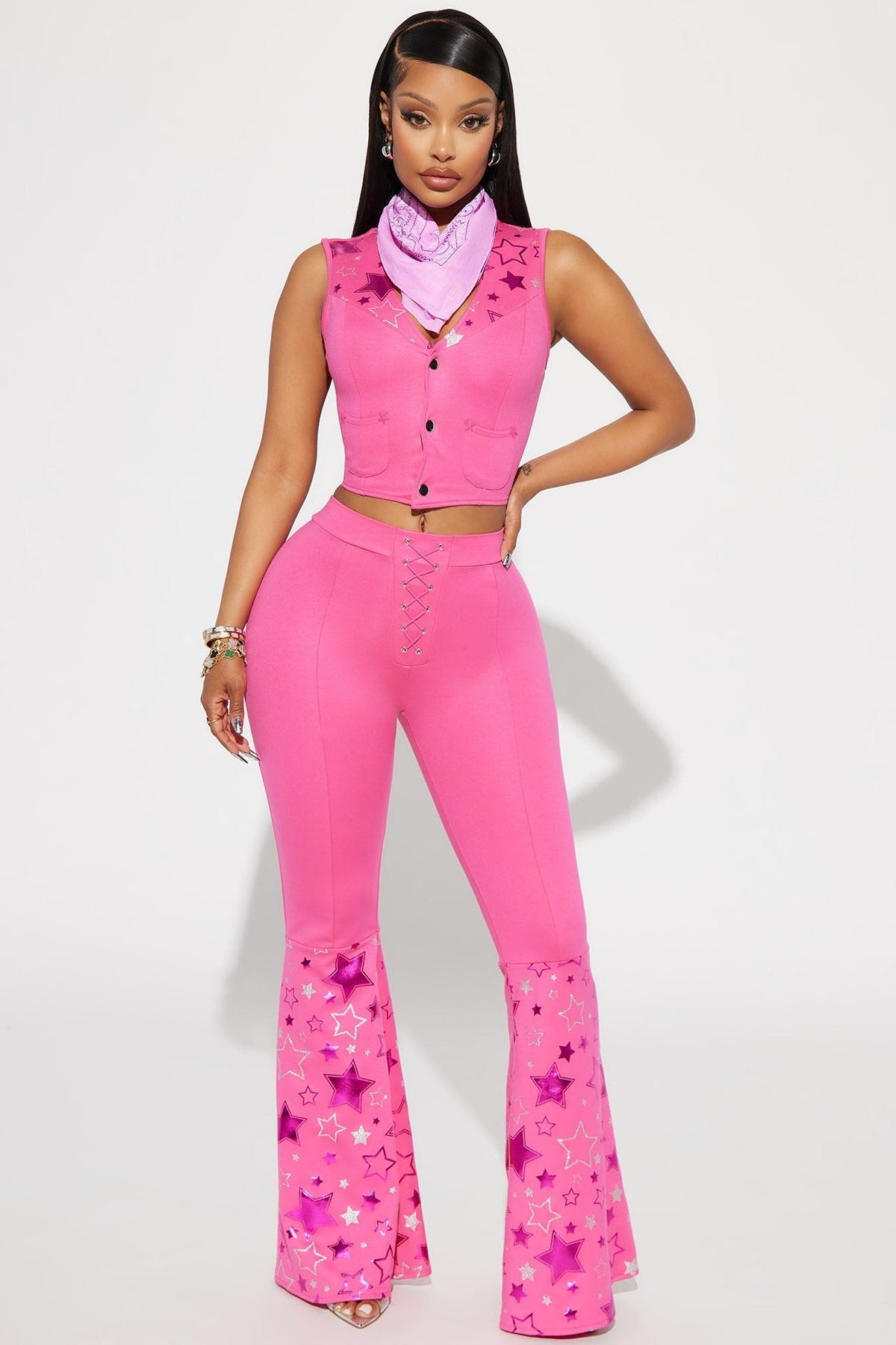 Western Costume Set with Vest and Bell Bottom Pants, Pink Neck Scarf