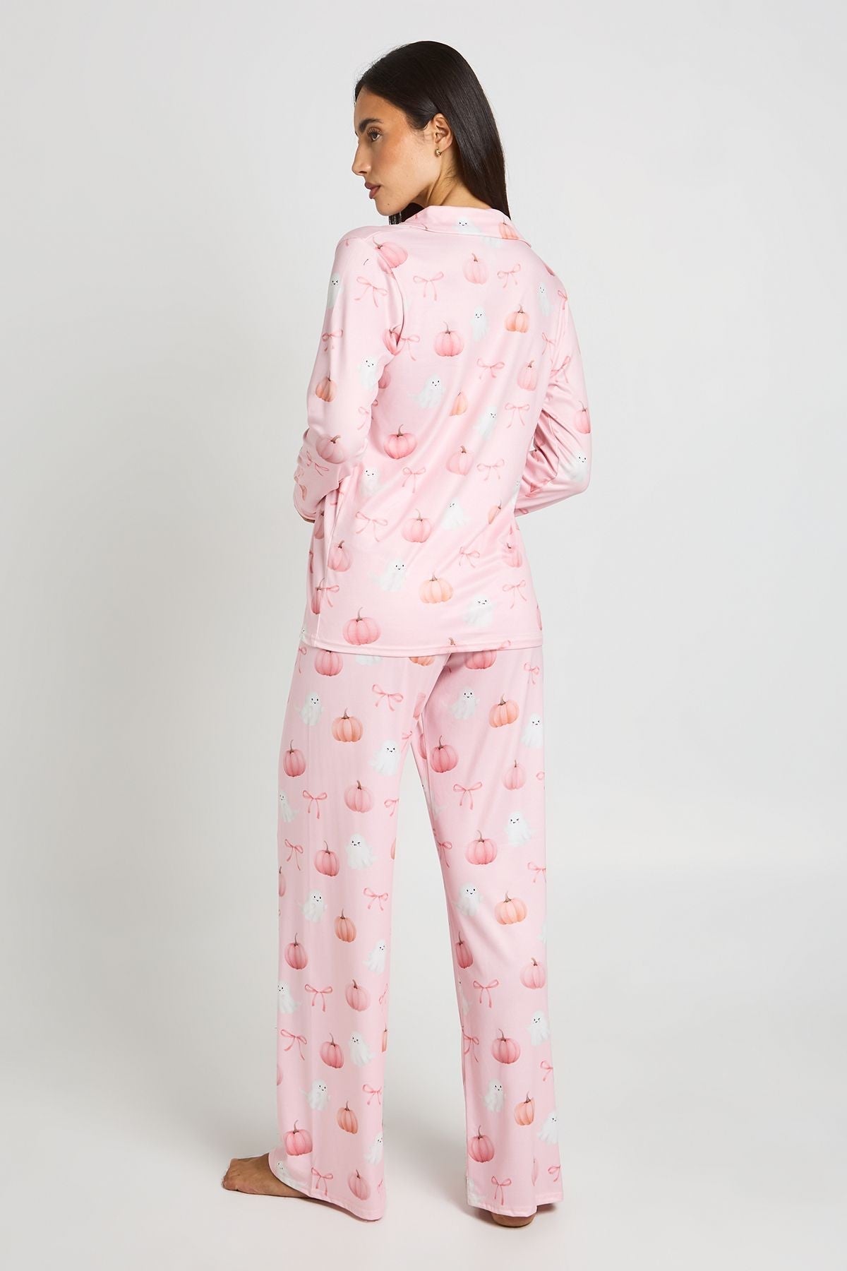 Pink Pumpkin and Ghost Pajama Set with Button Front Shirt and Wide Leg Trousers