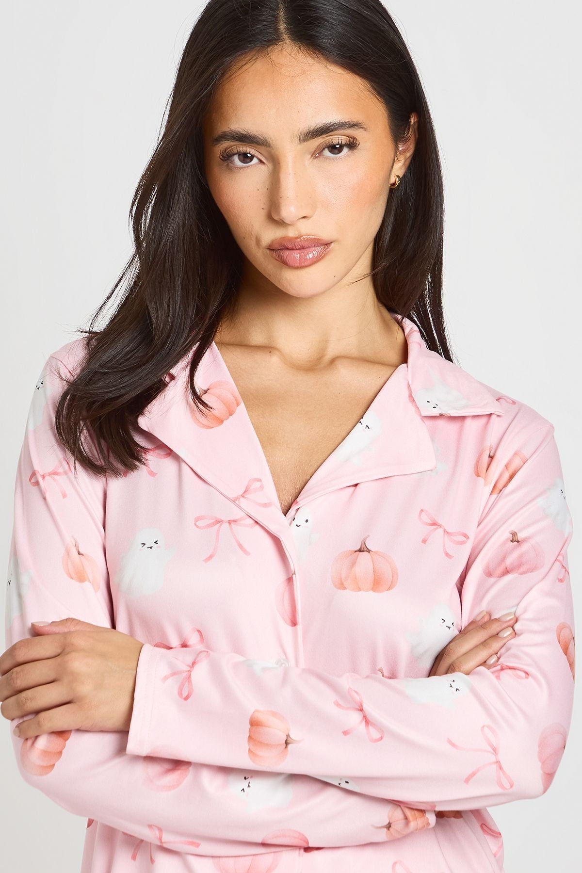 Pink Pumpkin and Ghost Pajama Set with Button Front Shirt and Wide Leg Trousers