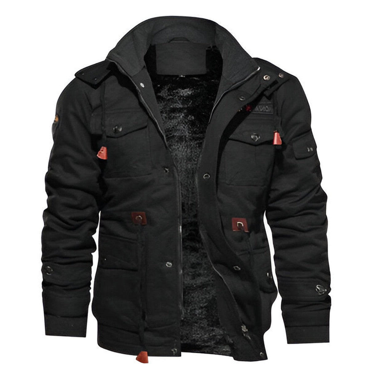 Men Tactical Fleece Hooded Jacket with Zipper Pockets for Winter Outdoor Warmth