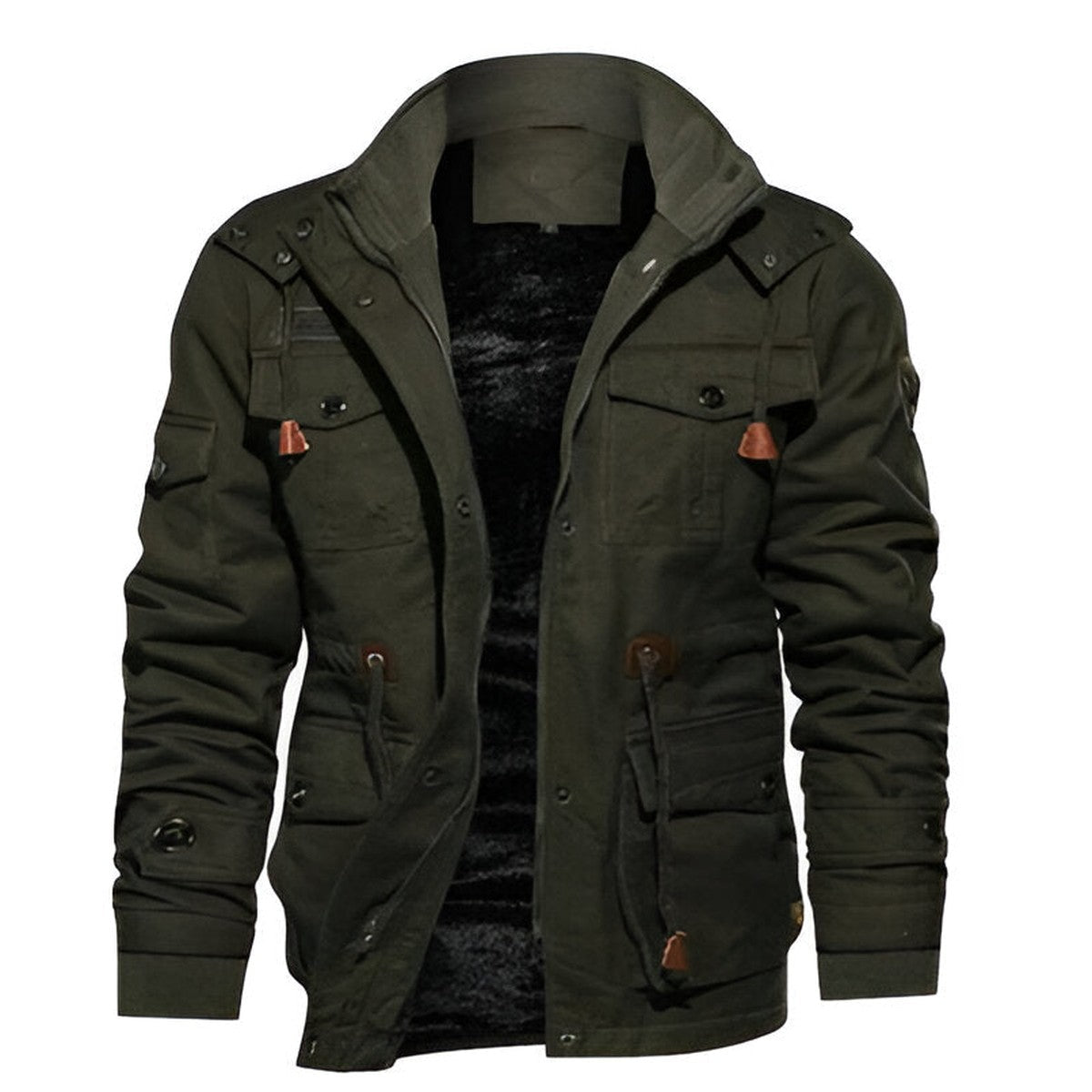 Men Tactical Fleece Hooded Jacket with Zipper Pockets for Winter Outdoor Warmth