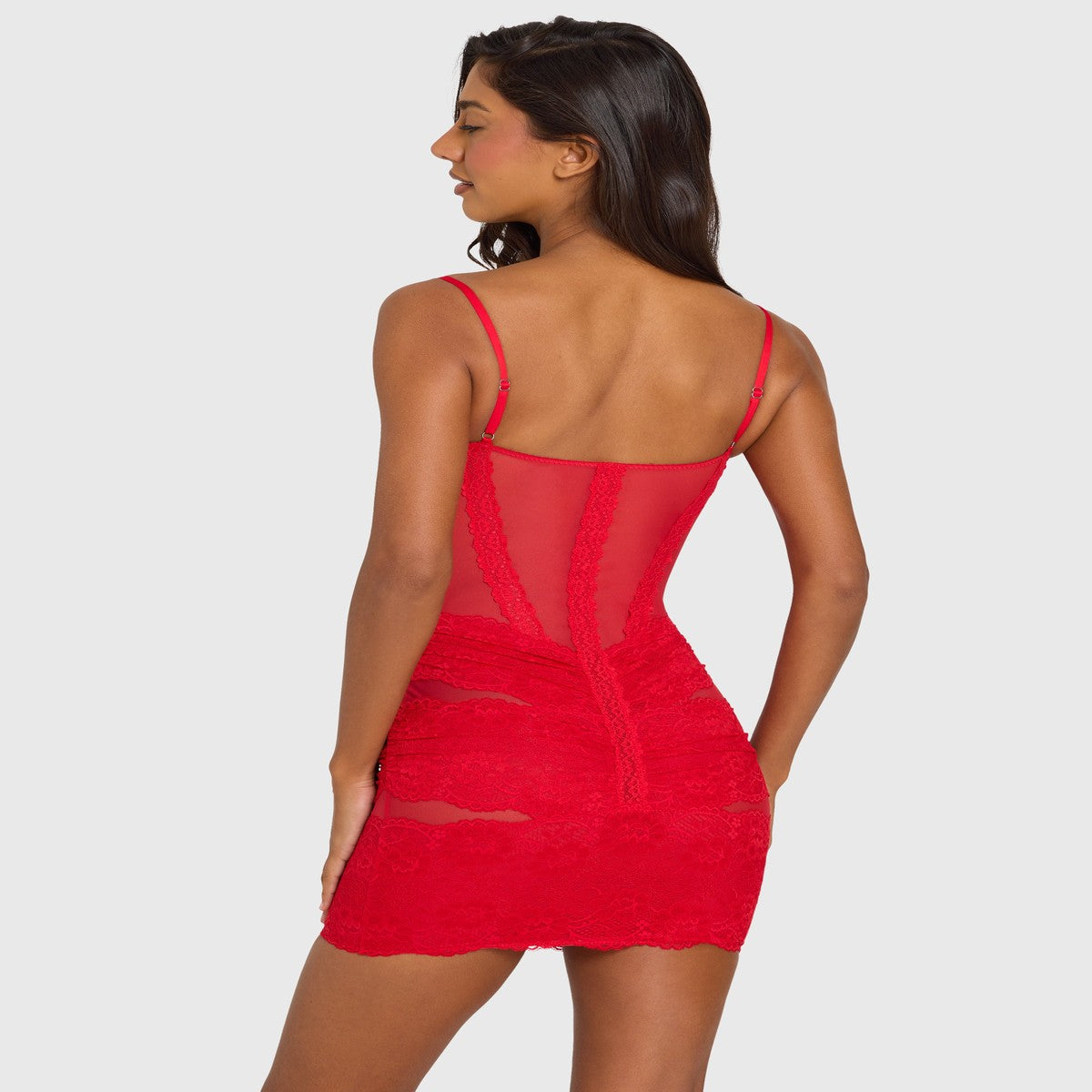 Red Short Sleeve Mini Cocktail Dress with Lace Trim Detailing