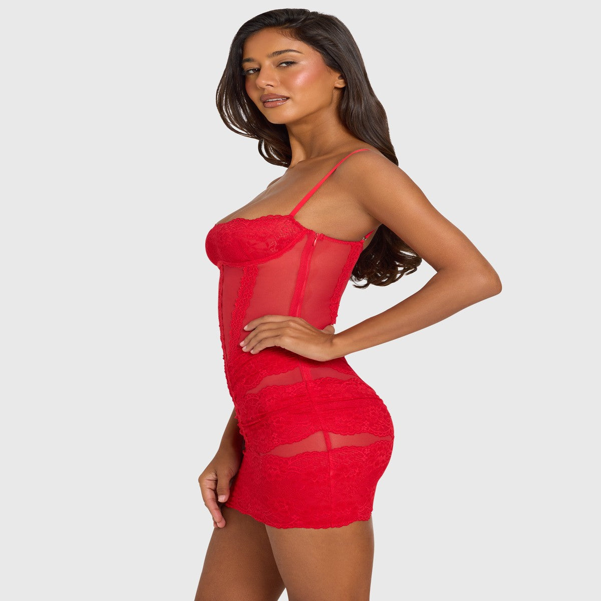 Red Short Sleeve Mini Cocktail Dress with Lace Trim Detailing