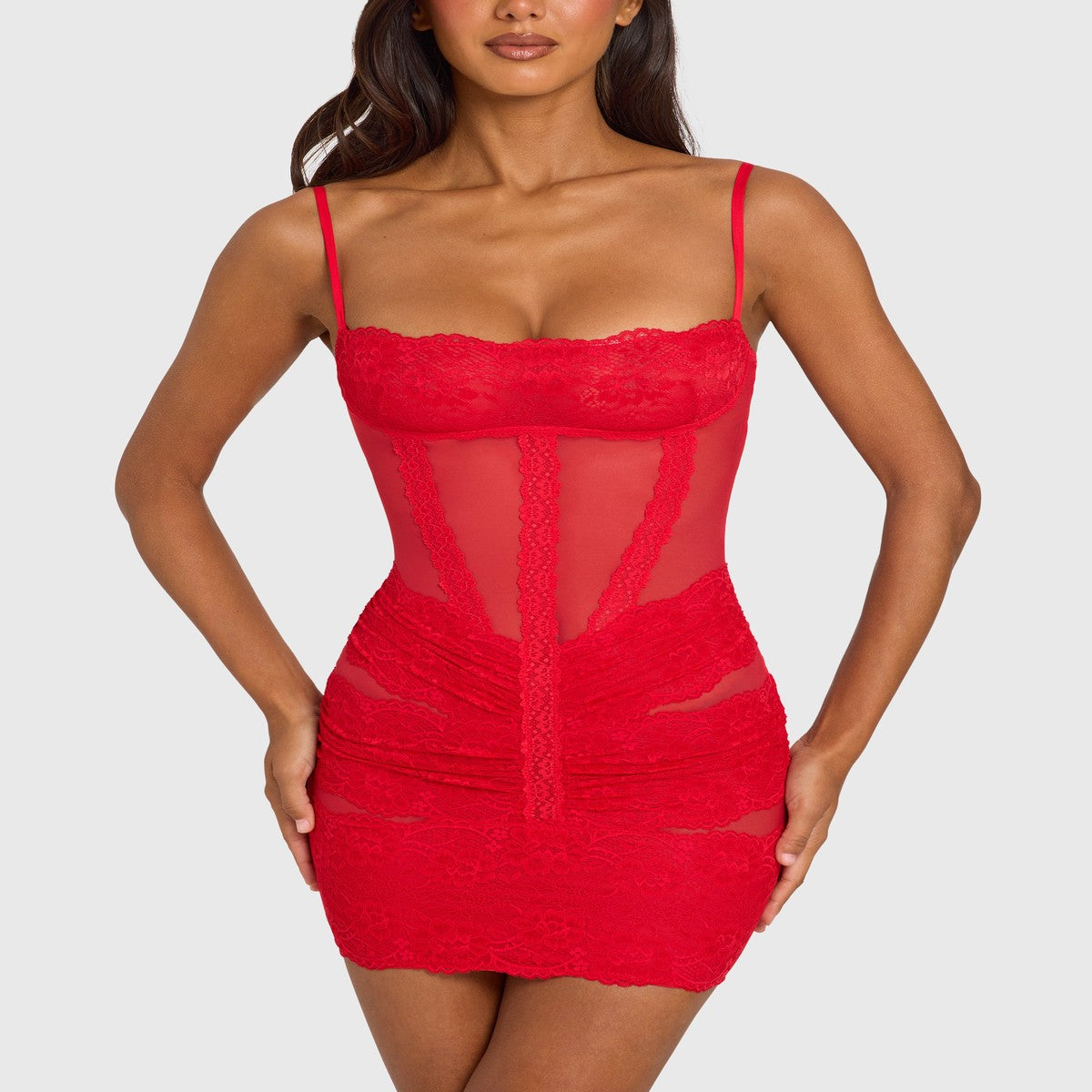 Red Short Sleeve Mini Cocktail Dress with Lace Trim Detailing