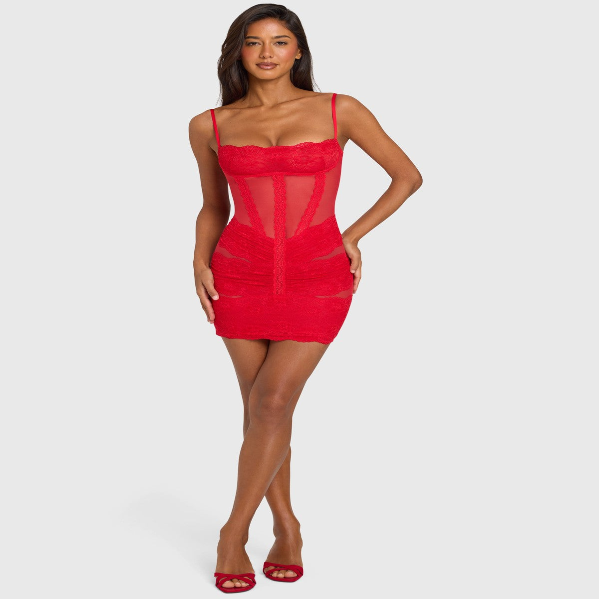 Red Short Sleeve Mini Cocktail Dress with Lace Trim Detailing