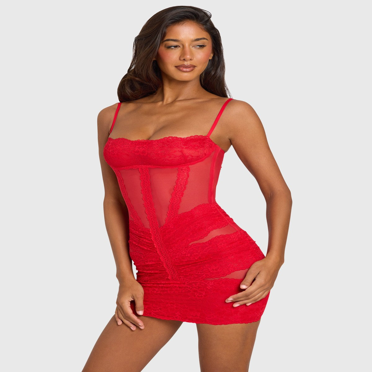 Red Short Sleeve Mini Cocktail Dress with Lace Trim Detailing