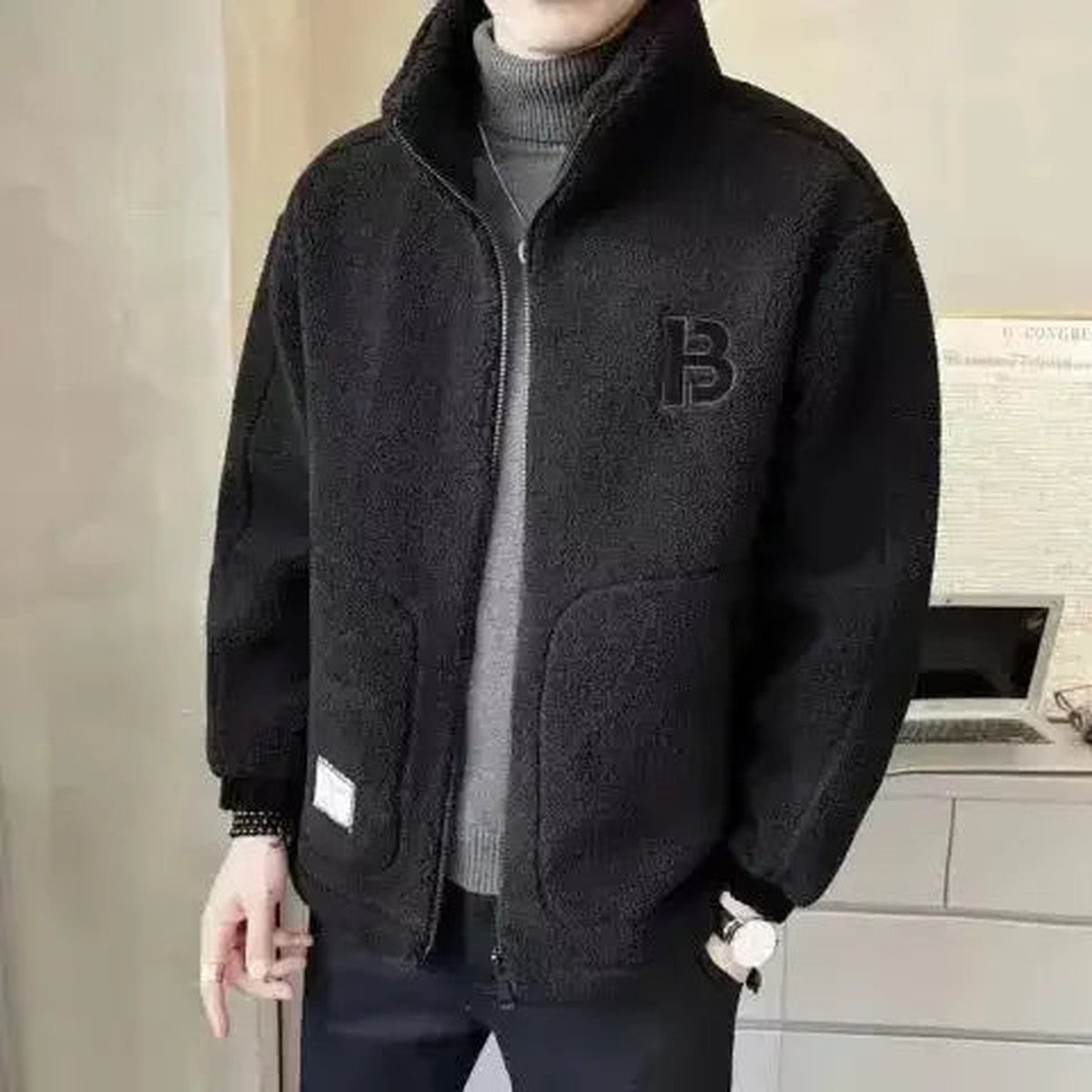 Men Warm Faux Wool Jacket with Full Zip Front and High Collar