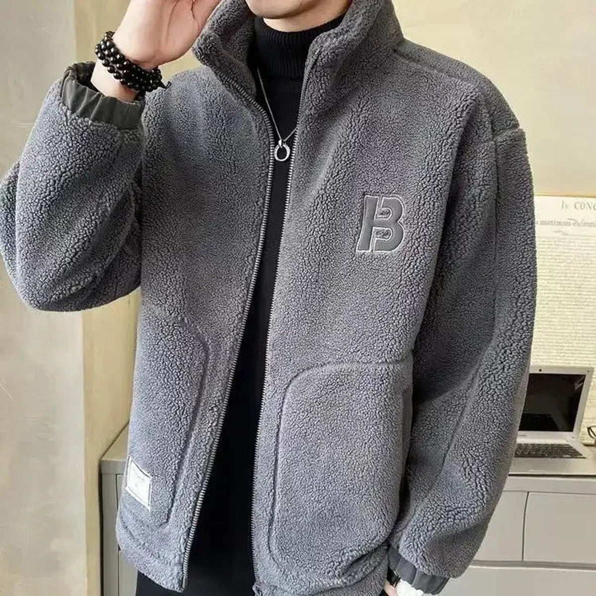 Men Warm Faux Wool Jacket with Full Zip Front and High Collar