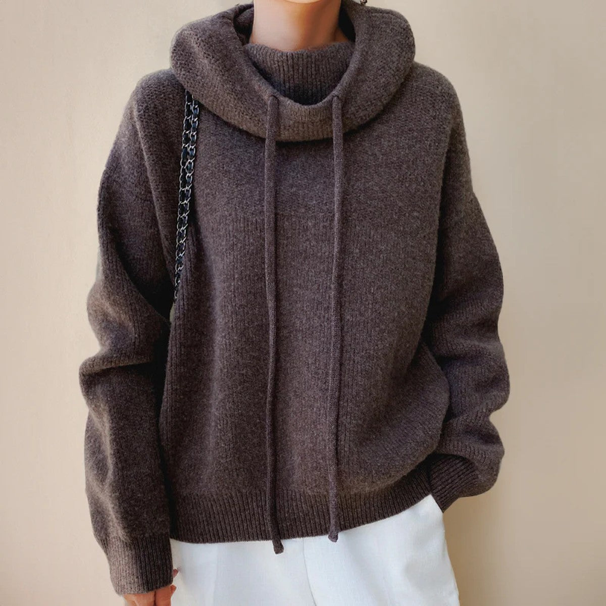 Long Sleeve High Neck Pullover Sweater with Ribbed Knit Detailing