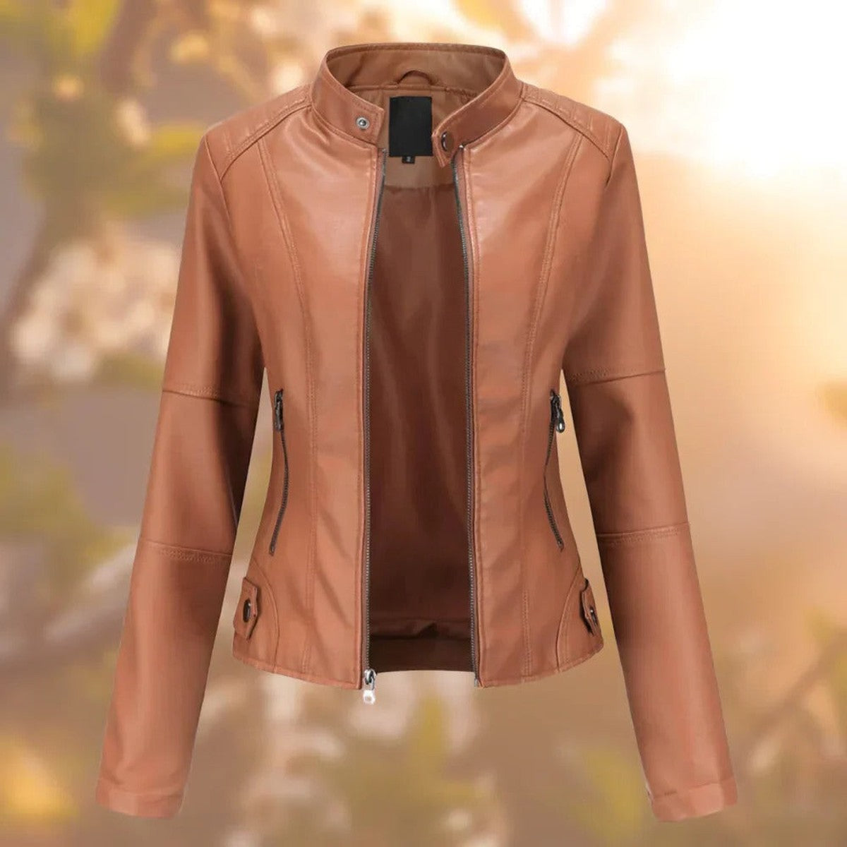 Women Faux Leather Biker Jacket with Asymmetrical Zip and Metal Studs