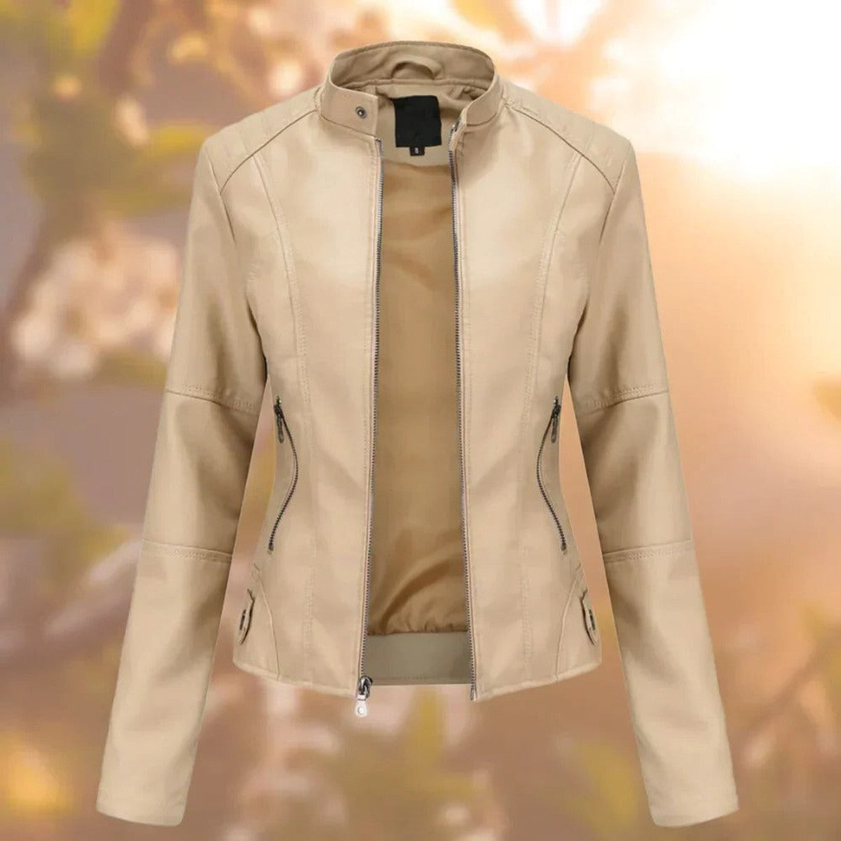 Women Faux Leather Biker Jacket with Asymmetrical Zip and Metal Studs