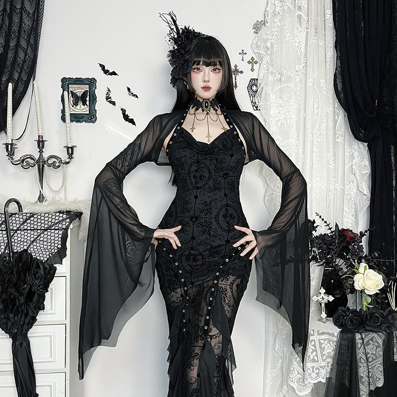 Mesh Crop Top with Flared Bat Sleeves for Gothic Costumes