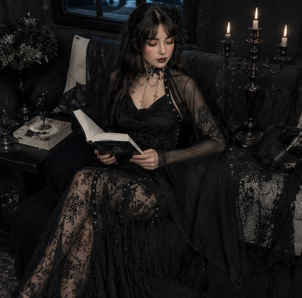 Mesh Crop Top with Flared Bat Sleeves for Gothic Costumes
