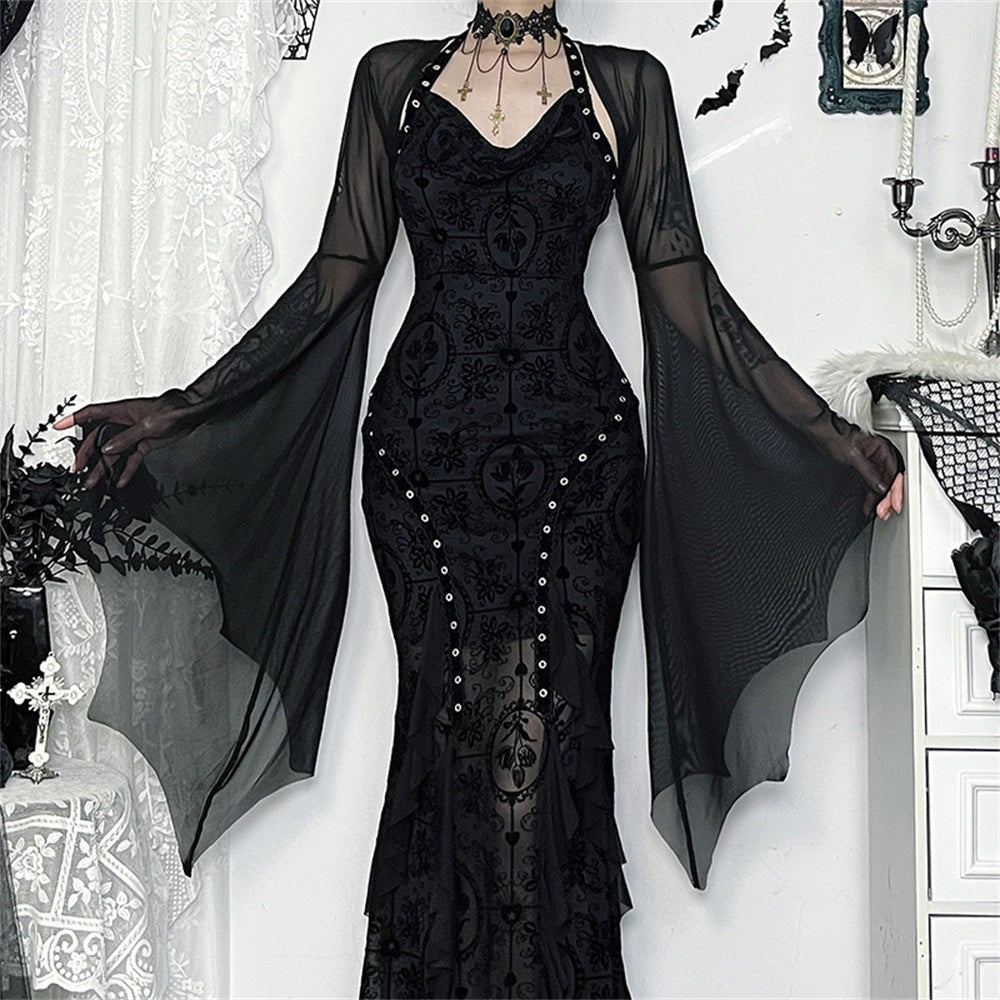 Mesh Crop Top with Flared Bat Sleeves for Gothic Costumes