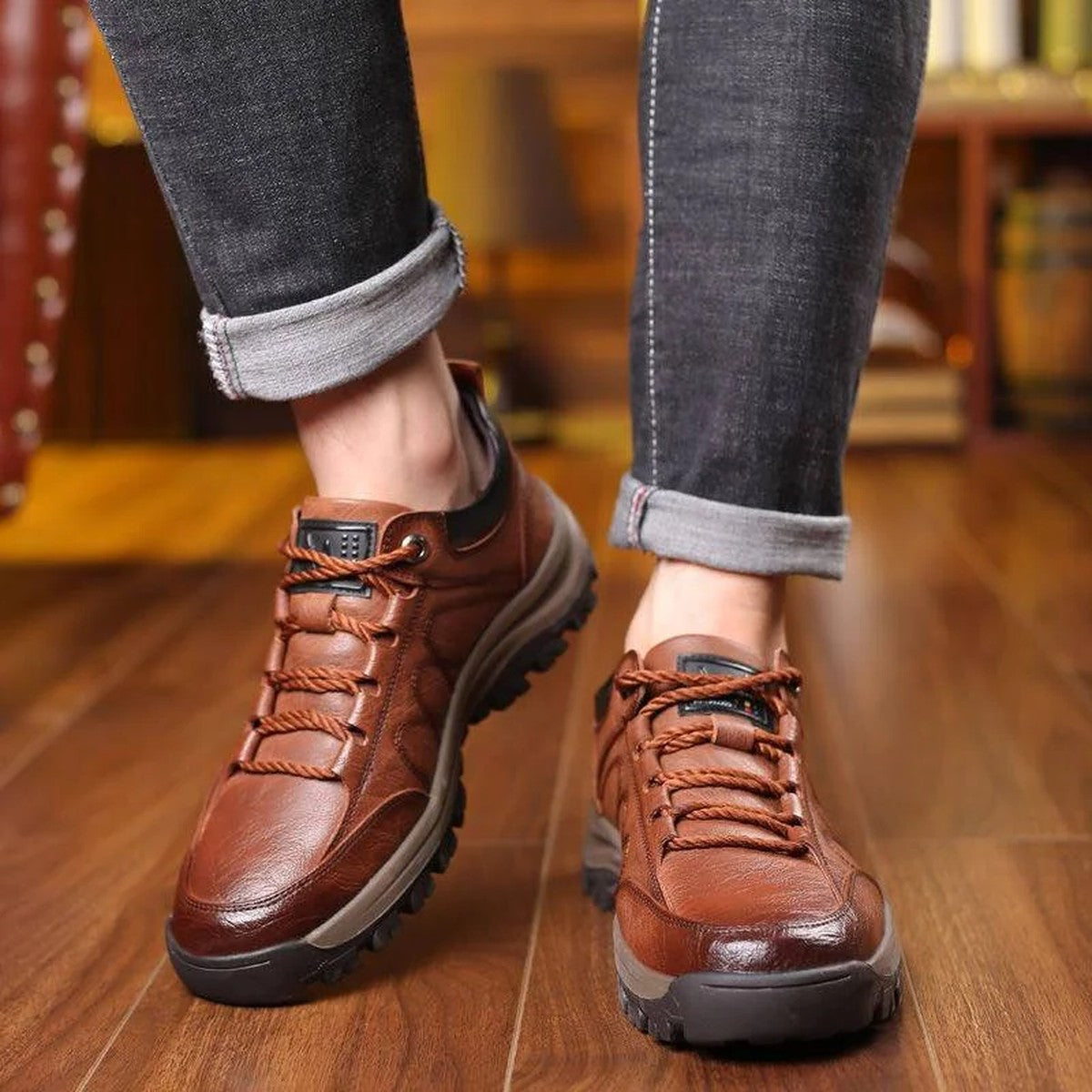 Men Leather Walking Loafers with Cushioned Arch Support and Non Slip Rubber Soles