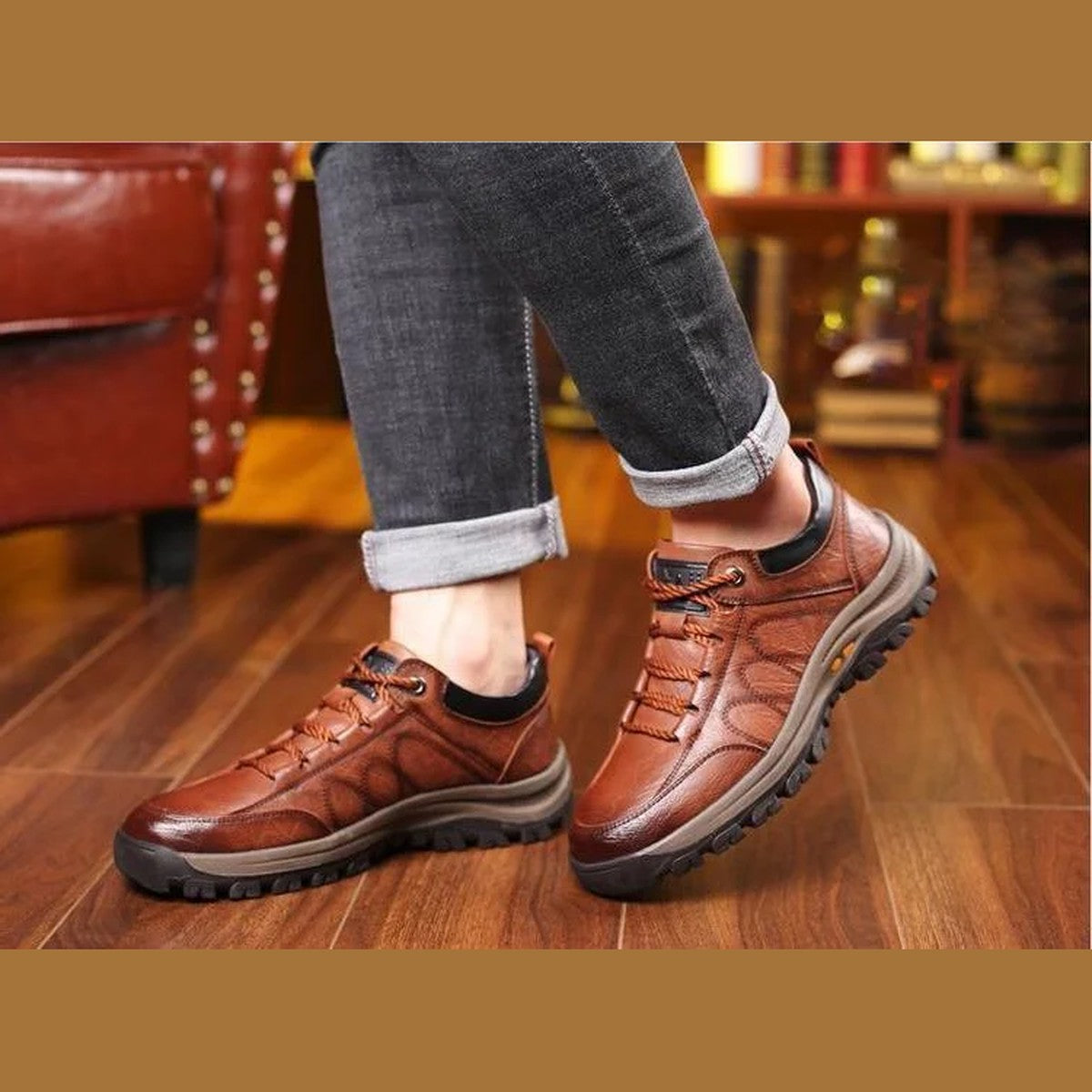 Men Leather Walking Loafers with Cushioned Arch Support and Non Slip Rubber Soles