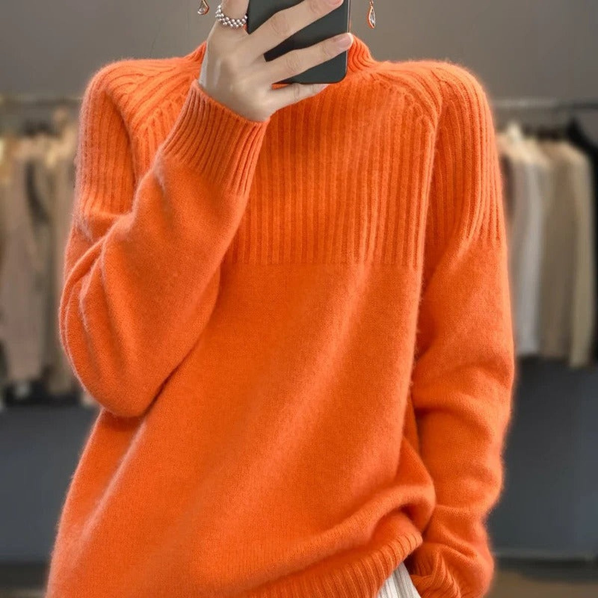 Long Sleeve Knitted Pullover Sweater with High Turtleneck for Women