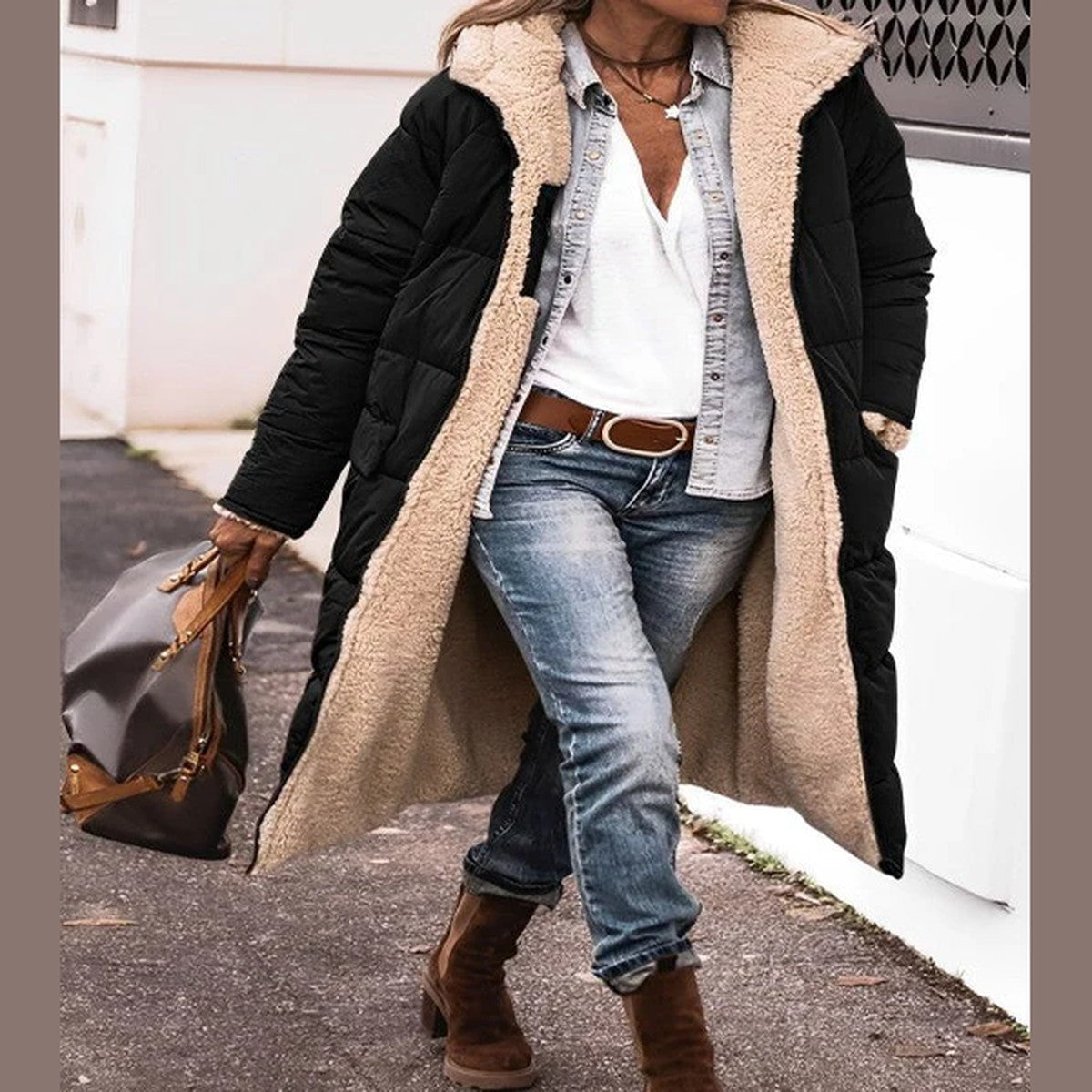 Women Long Hooded Puffer Coat with Quilted Design and Side Slits