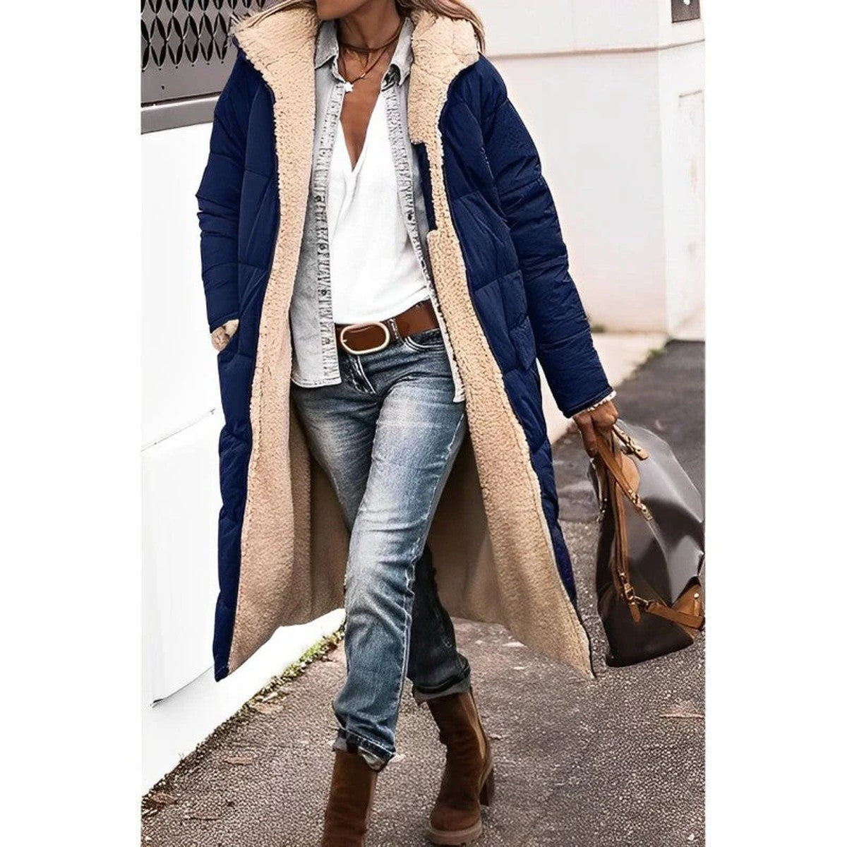 Women Long Hooded Puffer Coat with Quilted Design and Side Slits