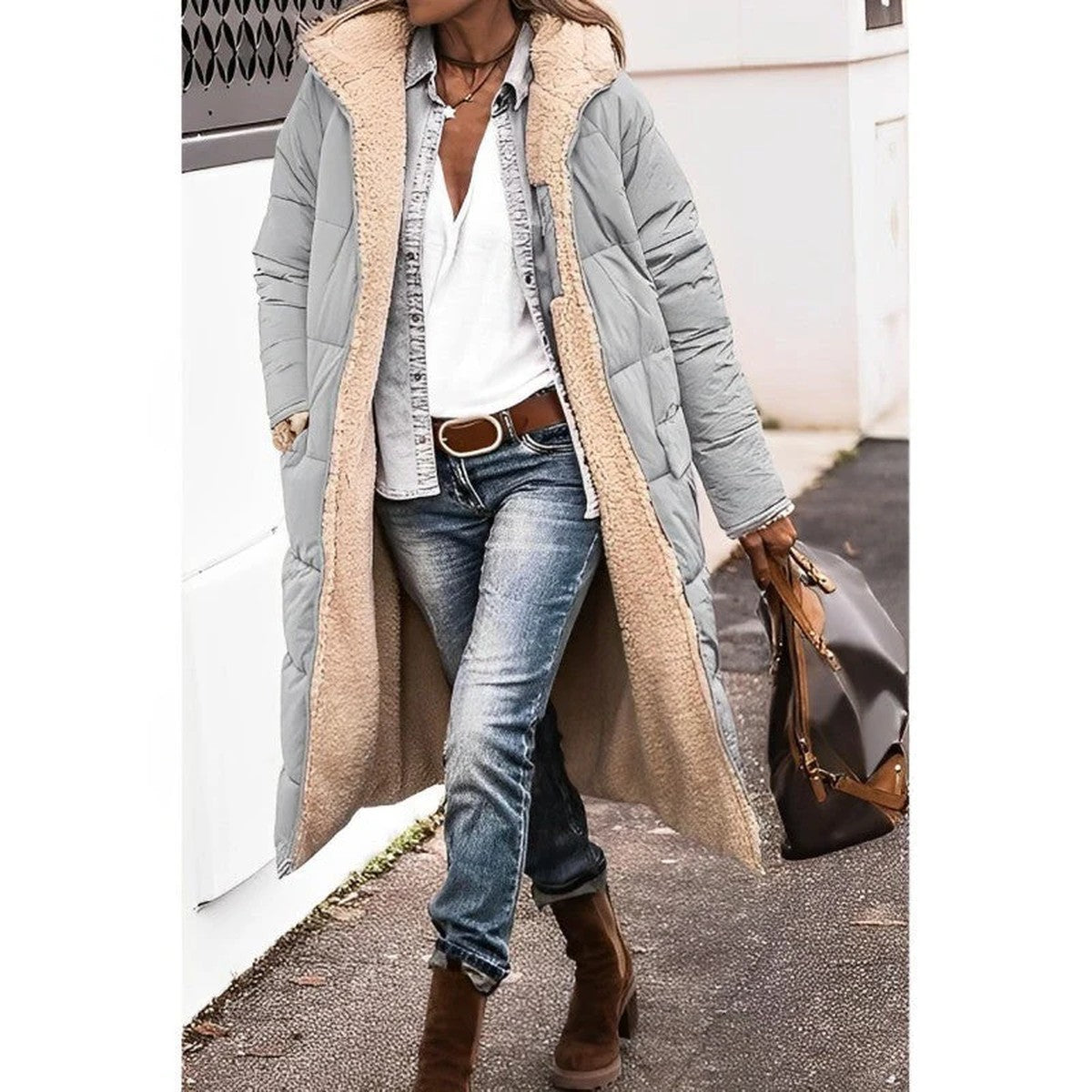 Women Long Hooded Puffer Coat with Quilted Design and Side Slits