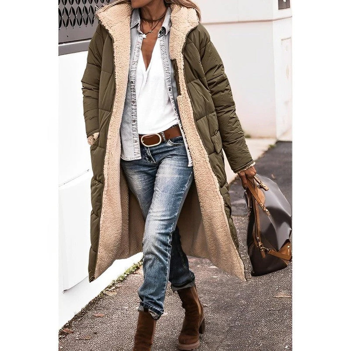 Women Long Hooded Puffer Coat with Quilted Design and Side Slits