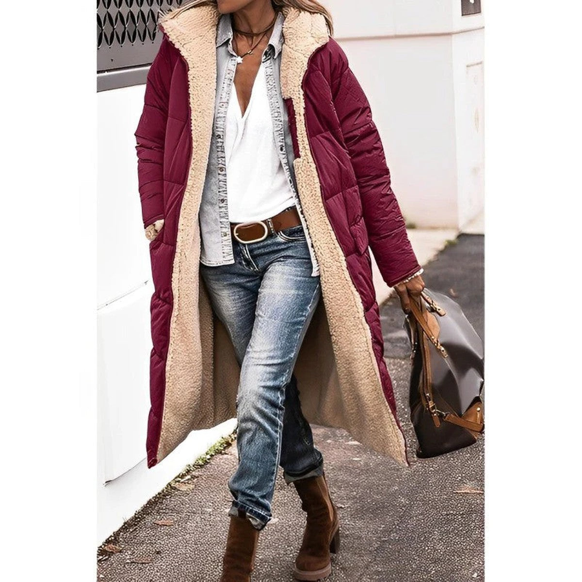 Women Long Hooded Puffer Coat with Quilted Design and Side Slits