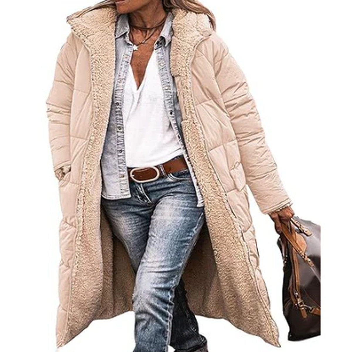 Women Long Hooded Puffer Coat with Quilted Design and Side Slits
