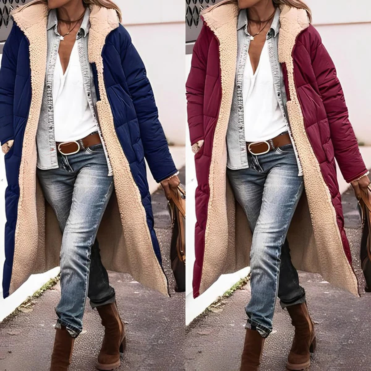 Women Long Hooded Puffer Coat with Quilted Design and Side Slits