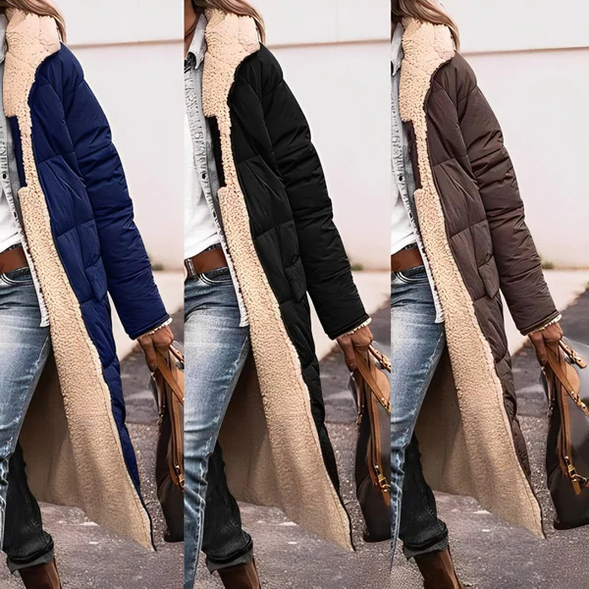 Women Long Hooded Puffer Coat with Quilted Design and Side Slits