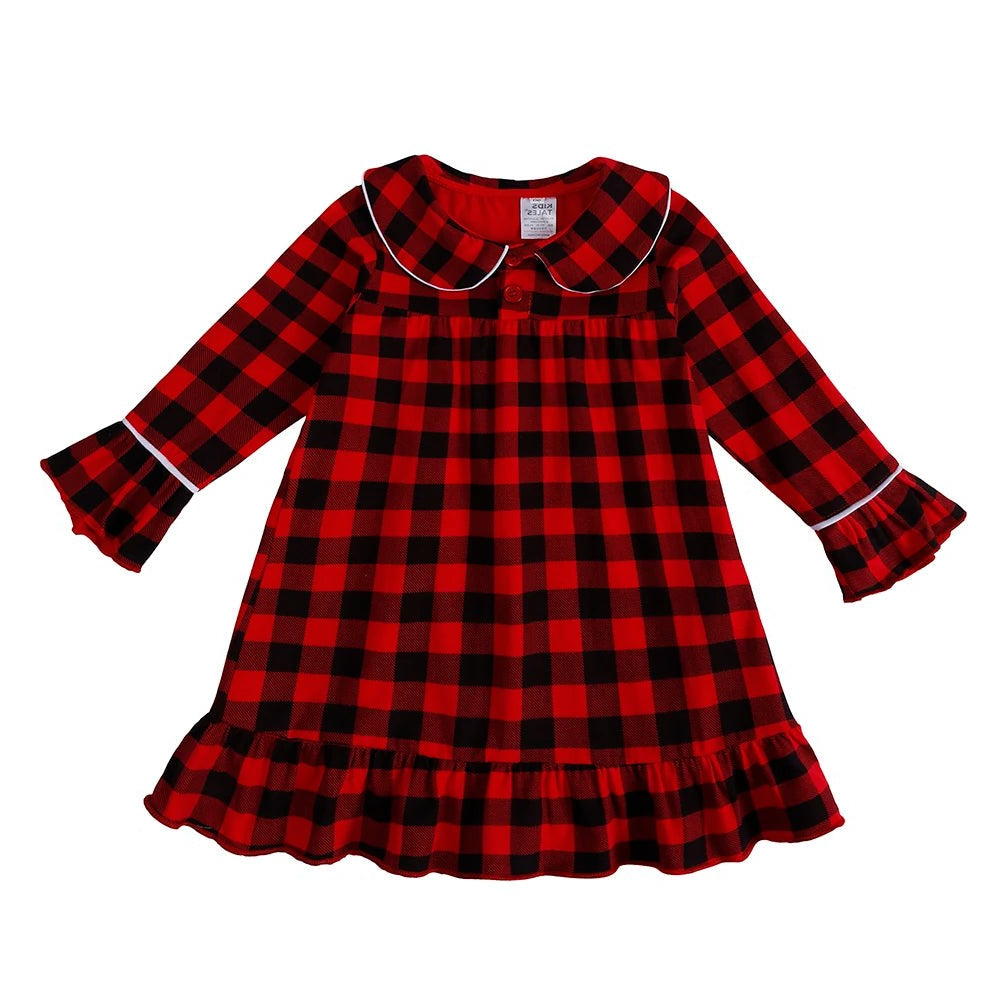Children Holiday Pajama Set with Plaid Pants and Lace Collar