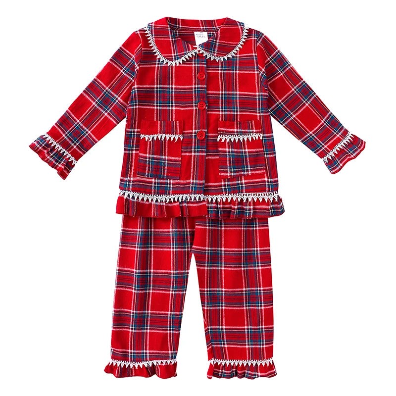 Children Holiday Pajama Set with Plaid Pants and Lace Collar