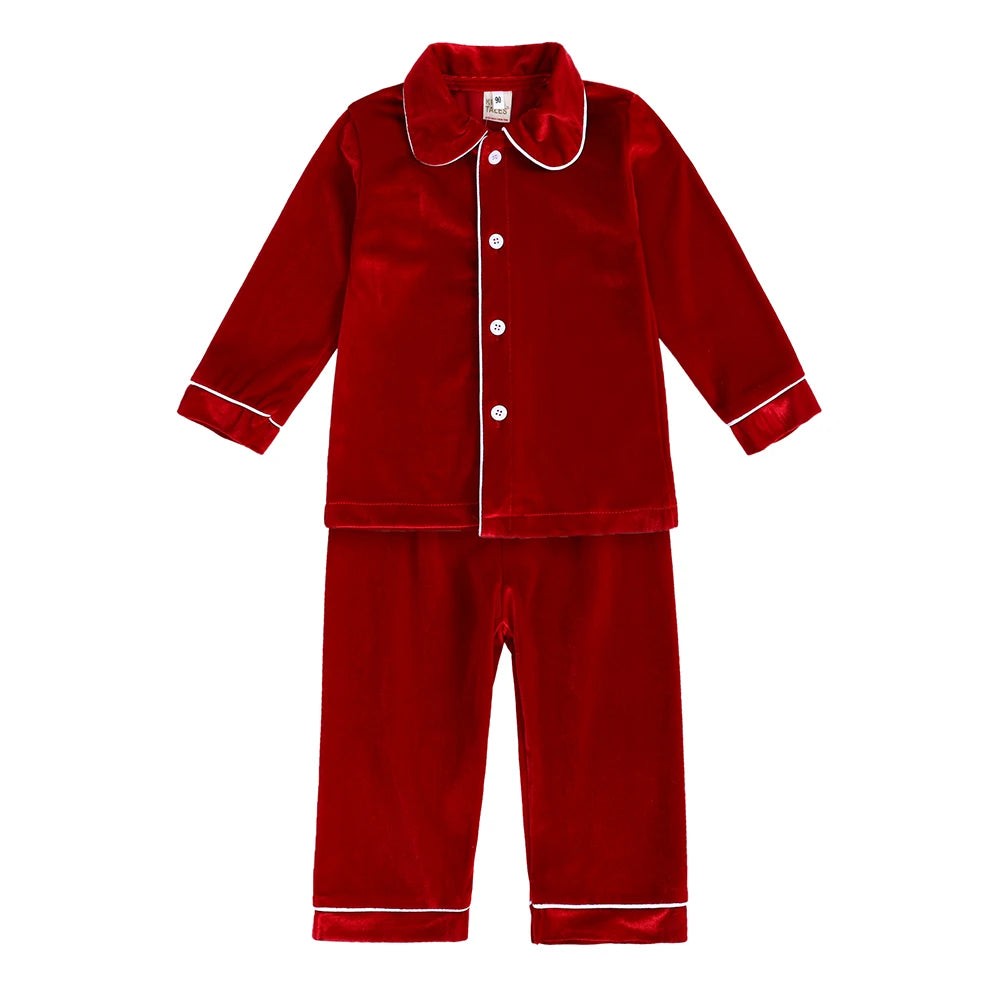 Children Holiday Pajama Set with Plaid Pants and Lace Collar