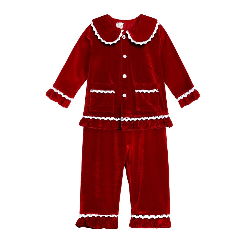 Children Holiday Pajama Set with Plaid Pants and Lace Collar
