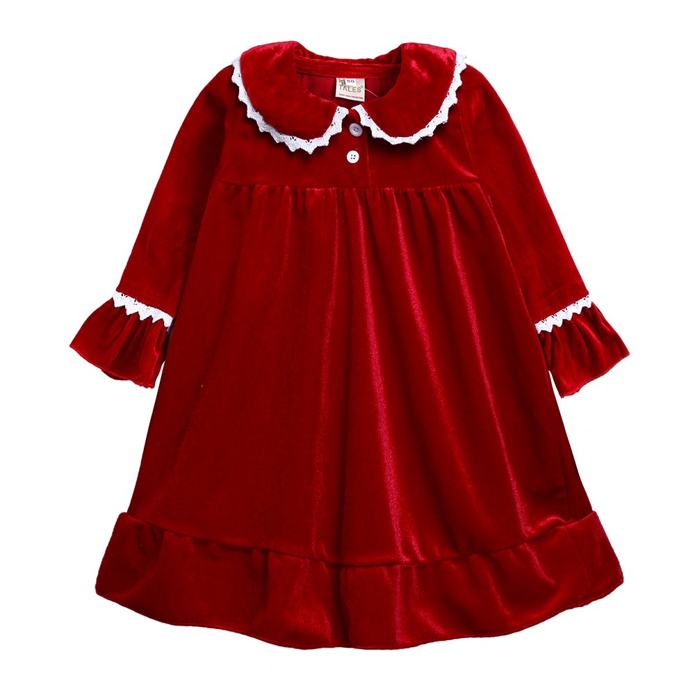 Children Holiday Pajama Set with Plaid Pants and Lace Collar