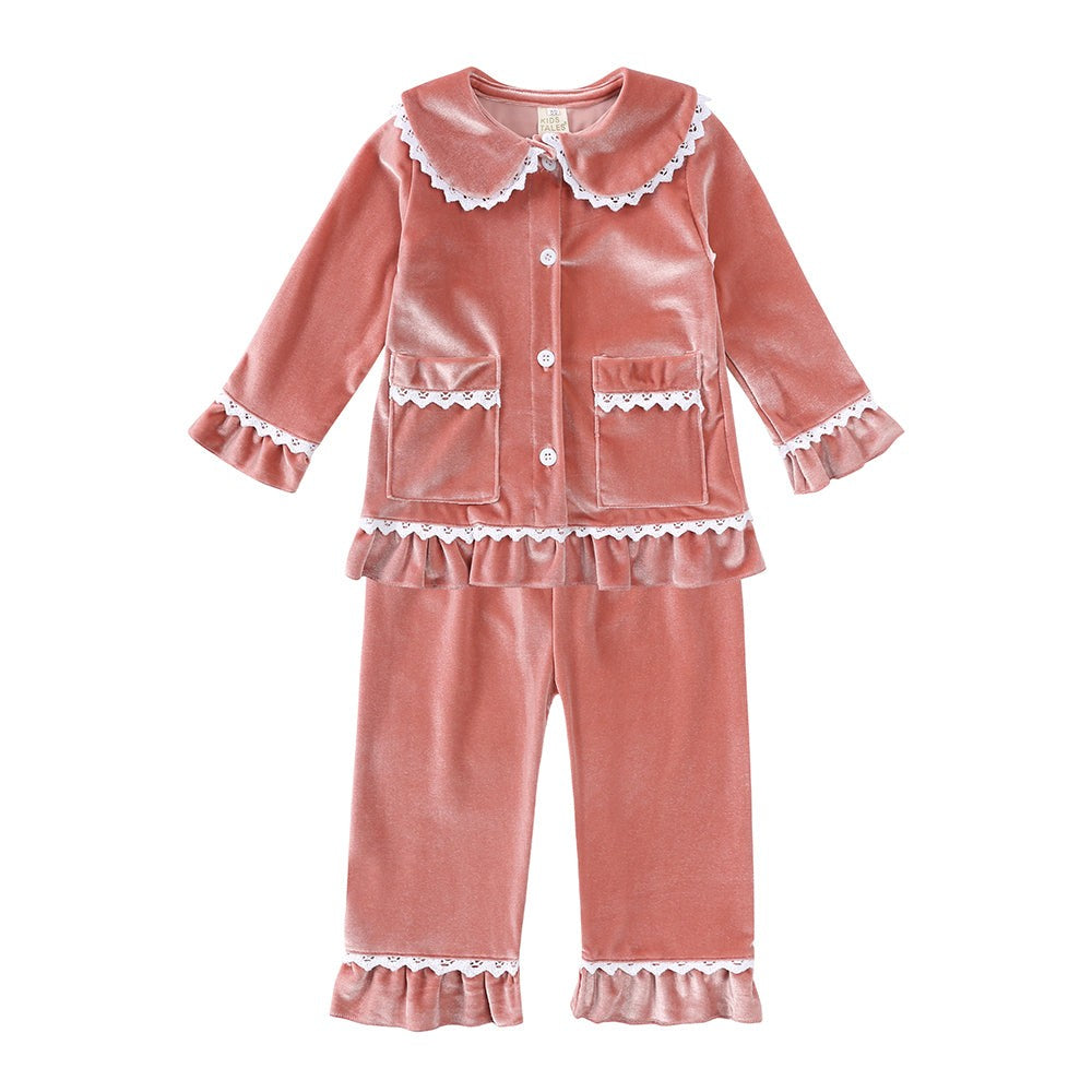 Children Holiday Pajama Set with Plaid Pants and Lace Collar