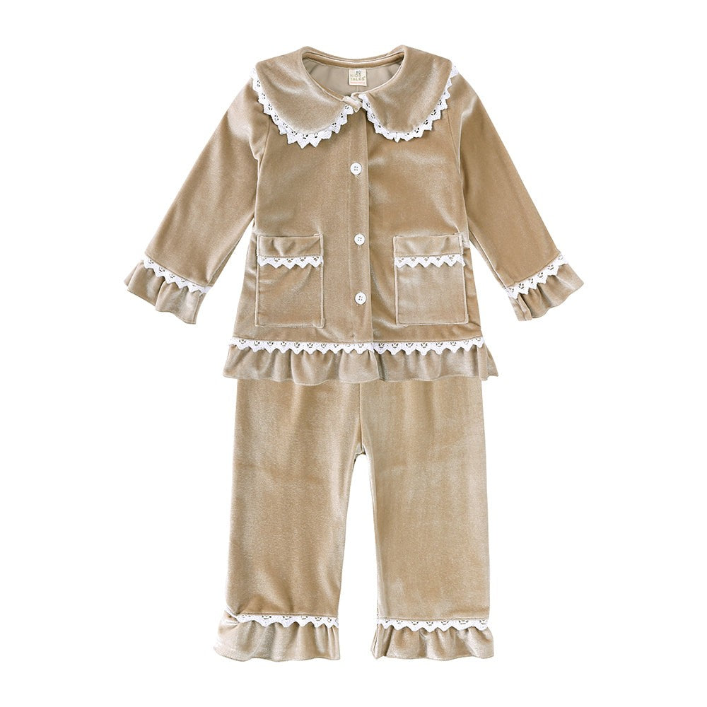 Children Holiday Pajama Set with Plaid Pants and Lace Collar