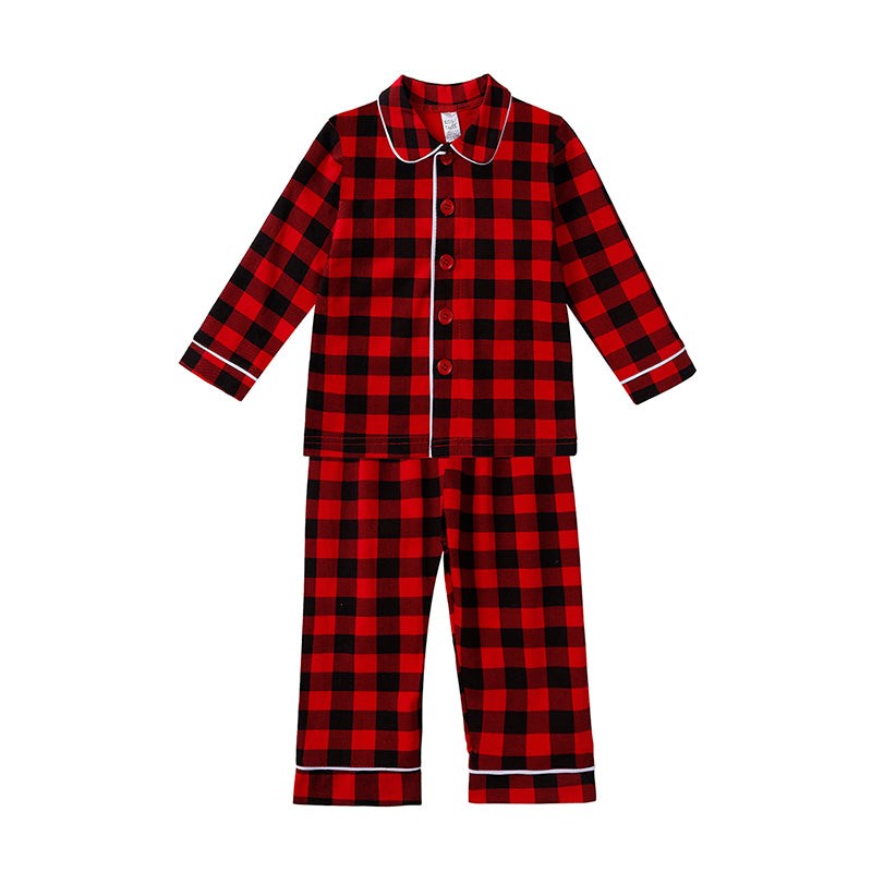 Children Holiday Pajama Set with Plaid Pants and Lace Collar