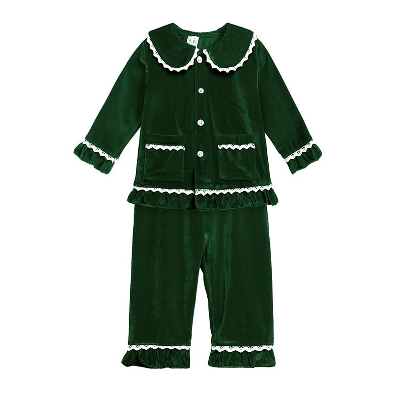 Children Holiday Pajama Set with Plaid Pants and Lace Collar