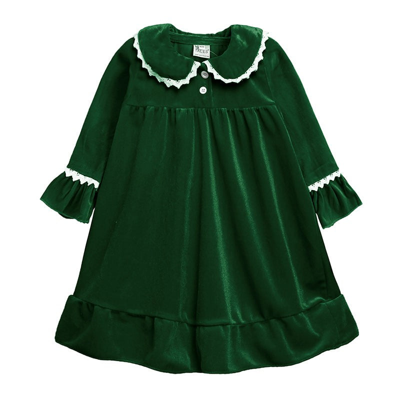 Children Holiday Pajama Set with Plaid Pants and Lace Collar