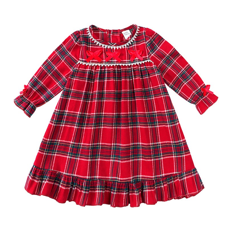 Children Holiday Pajama Set with Plaid Pants and Lace Collar