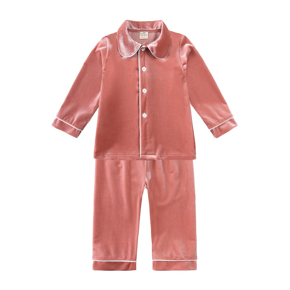 Children Holiday Pajama Set with Plaid Pants and Lace Collar