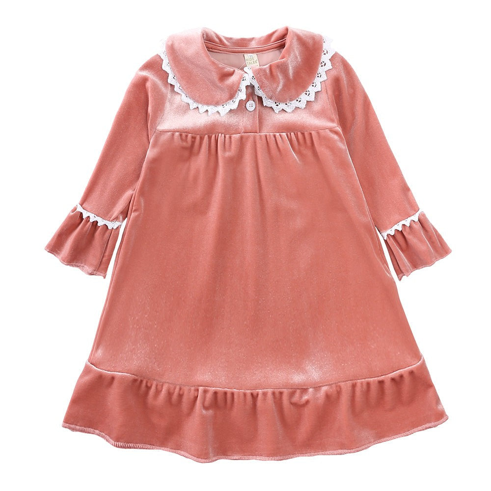 Children Holiday Pajama Set with Plaid Pants and Lace Collar