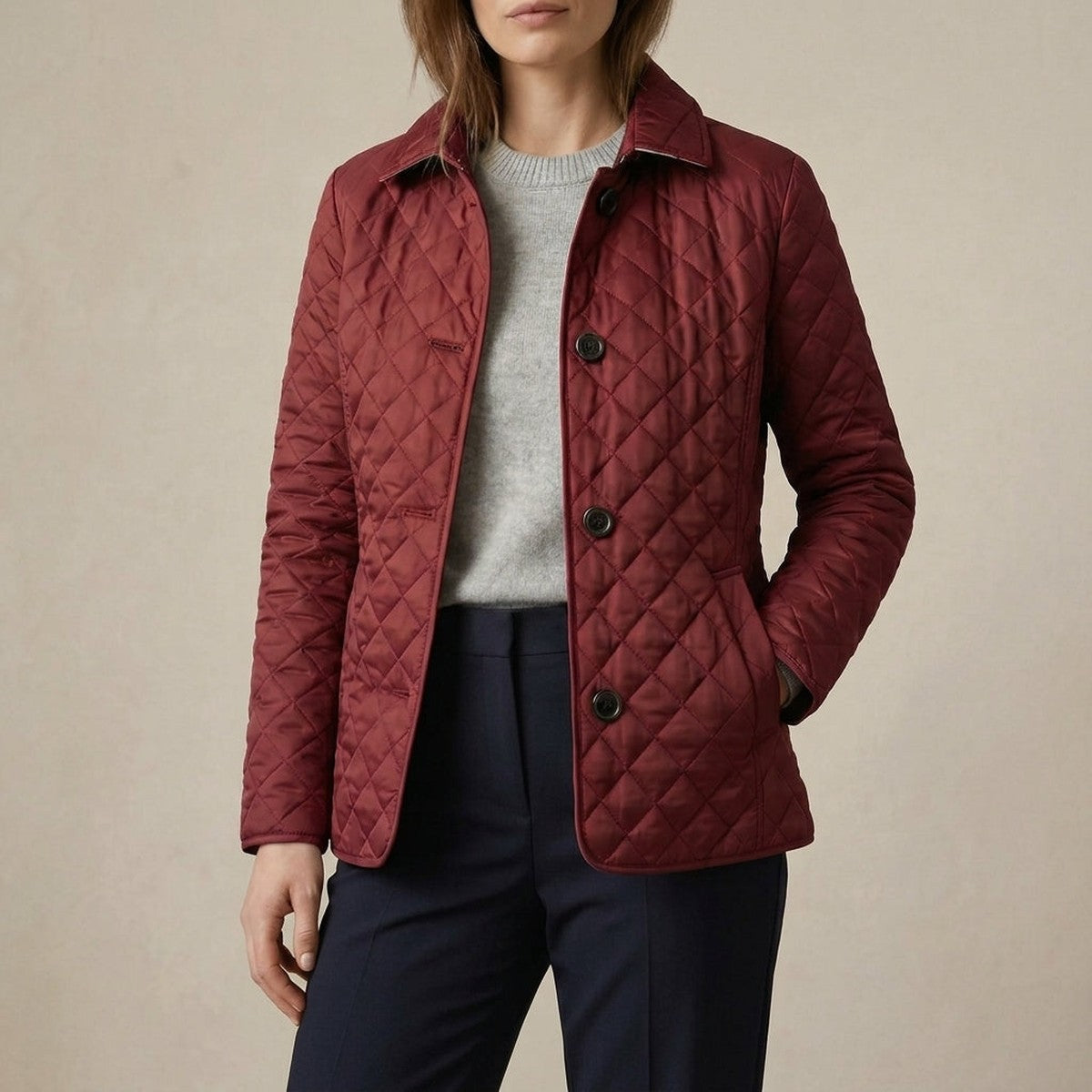 Quilted Lightweight Padded Jacket with Turn Down Collar and Front Patch Pockets