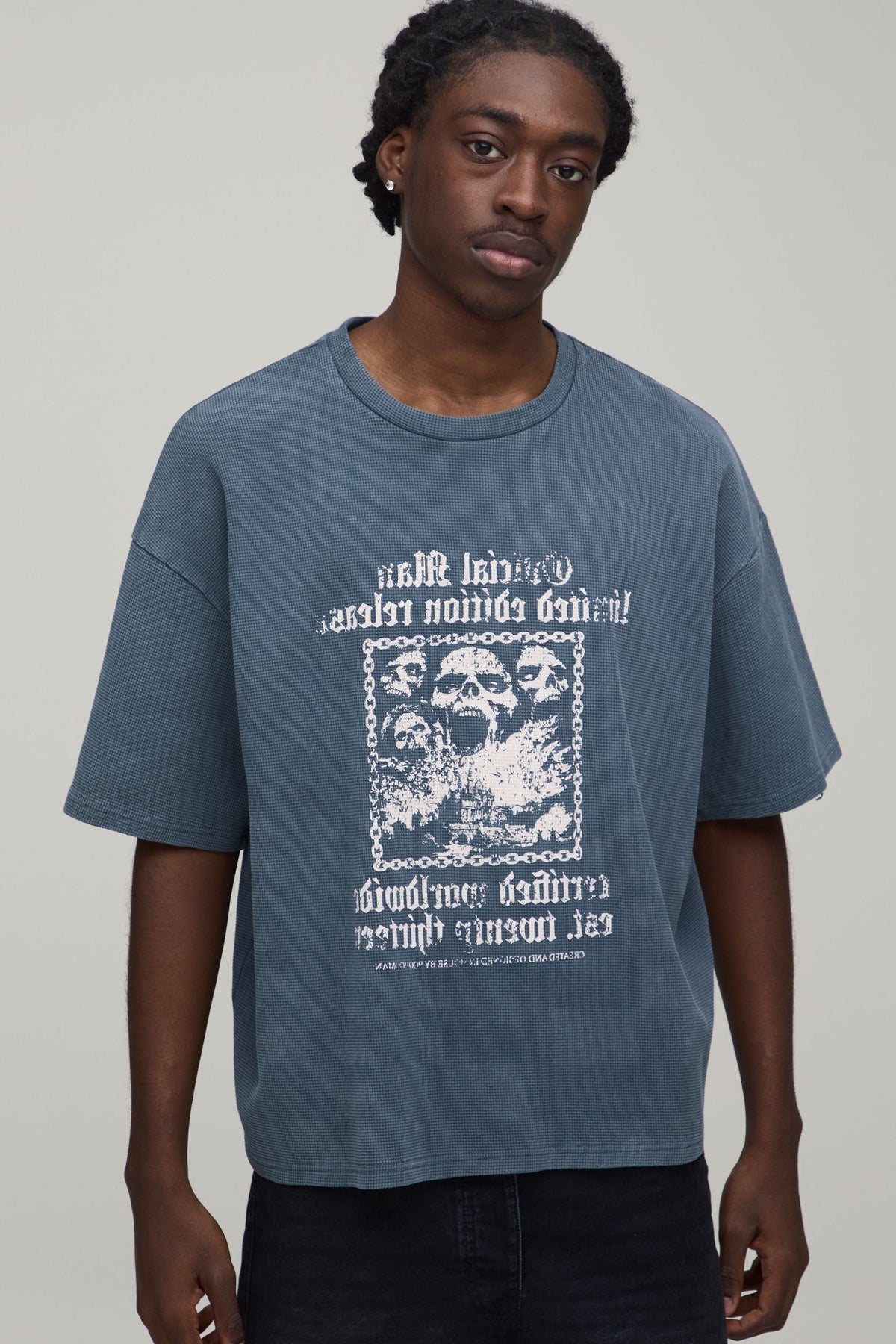 Oversized Waffle Knit Tee with Gothic Graphic Print, Charcoal