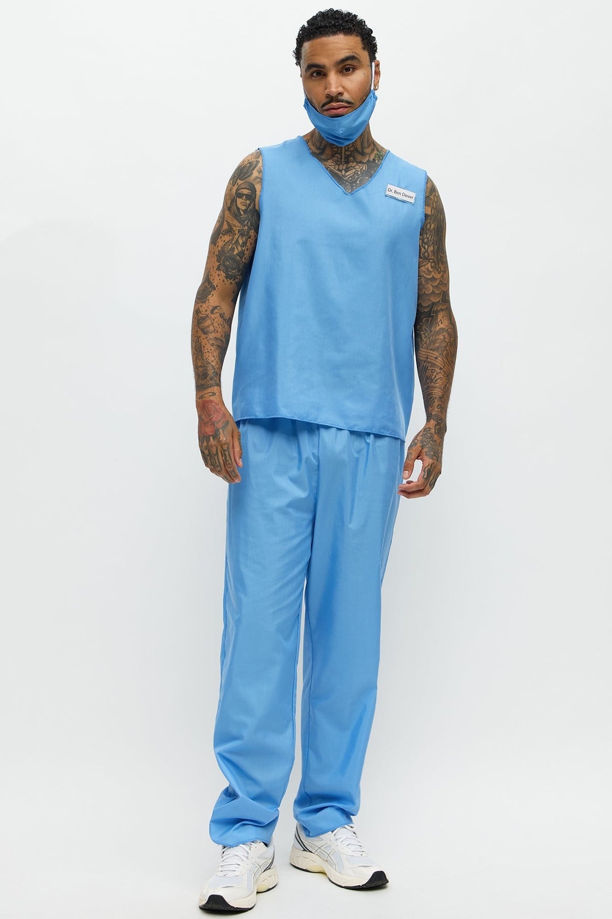 Medical Scrub Costume Set for Men with V Neck Top and Pants in Blue
