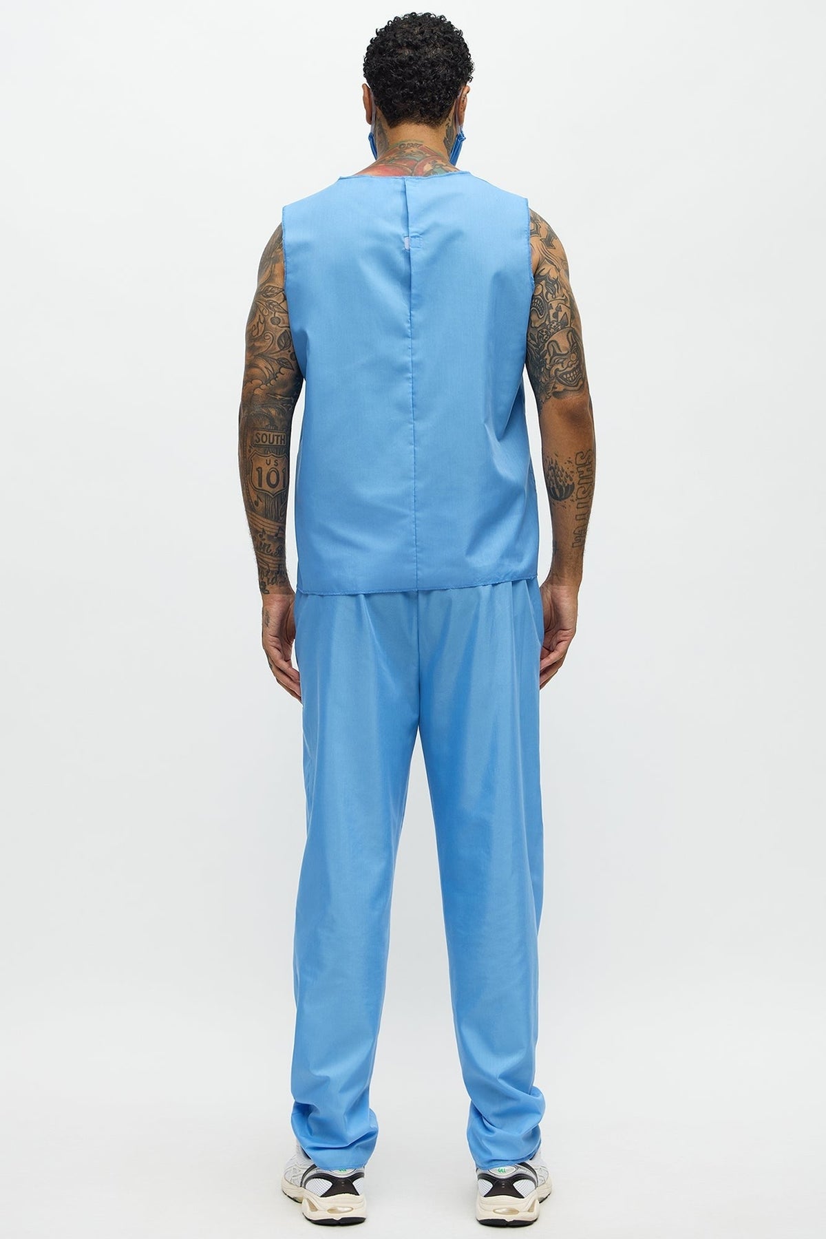 Medical Scrub Costume Set for Men with V Neck Top and Pants in Blue